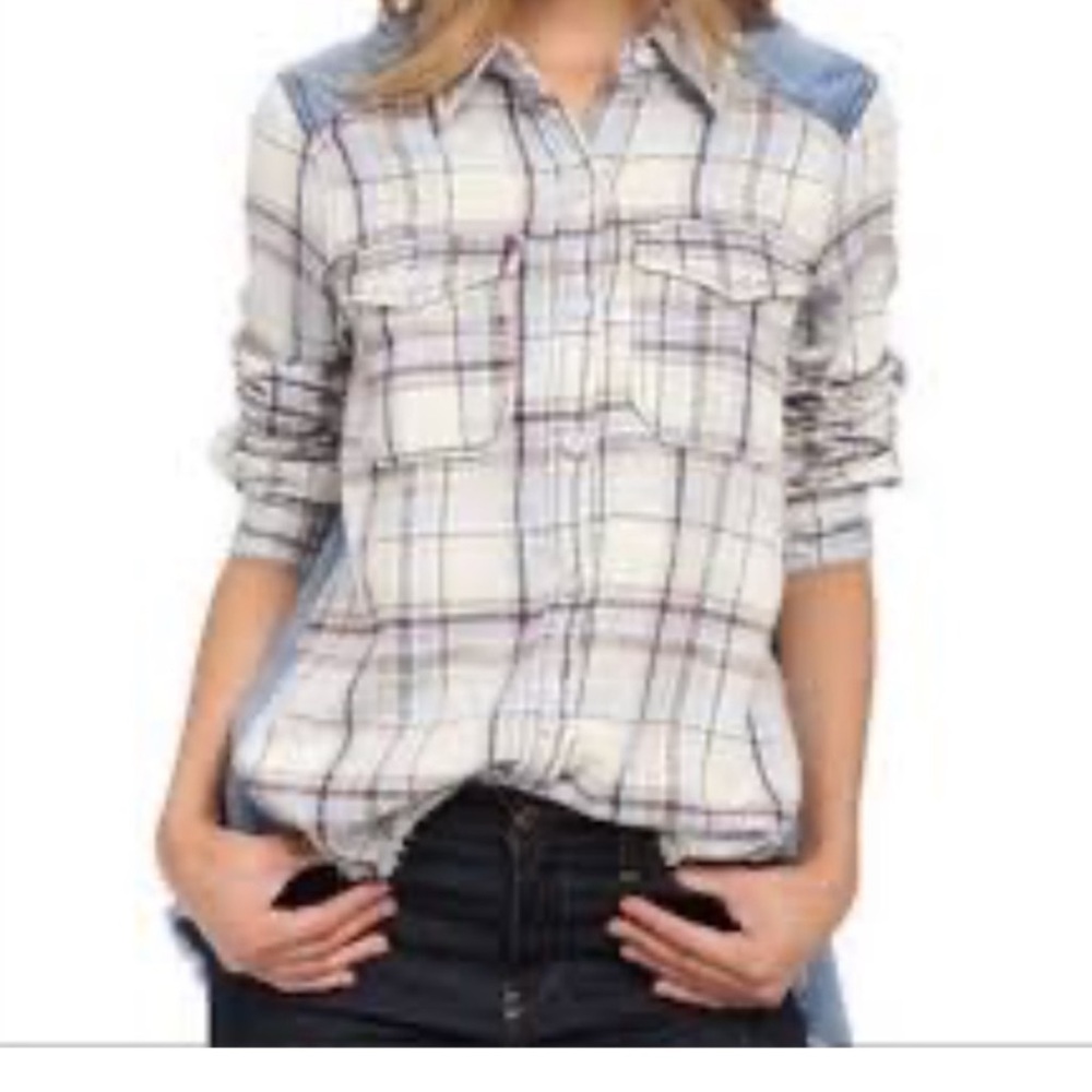 Plaid and Denim Button-Up Shirt Free People